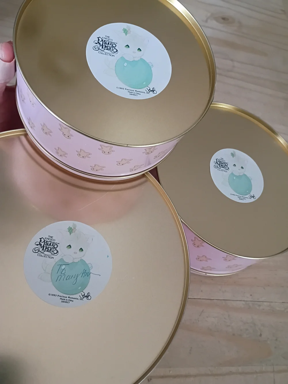 Precious Moments Pink Holiday Round Storage Tins Set of 3